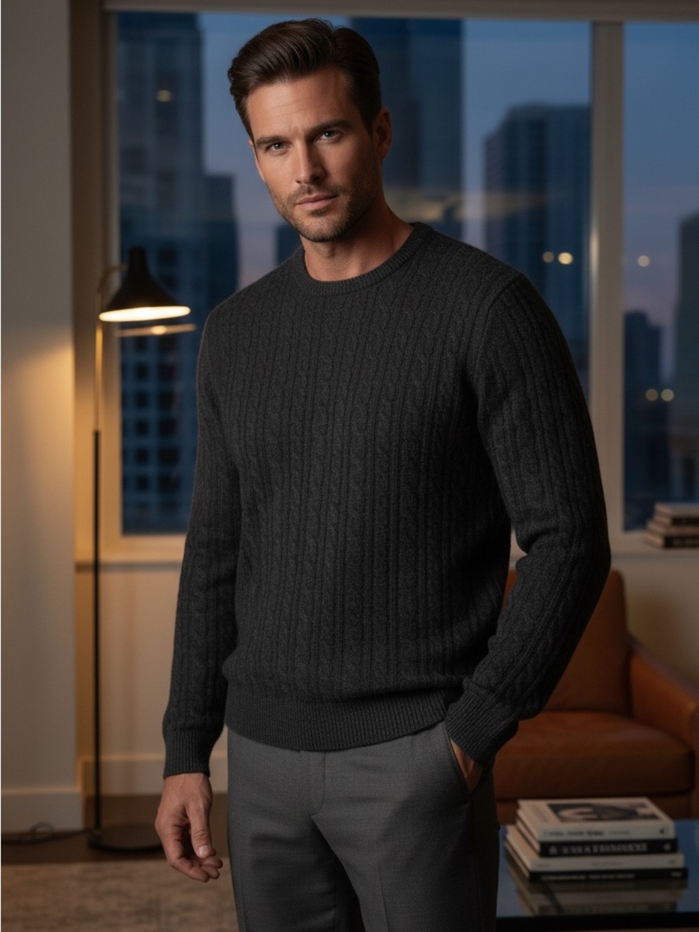 Club Room Charcoal Cable-Knit 100% Cashmere Crewneck Sweater